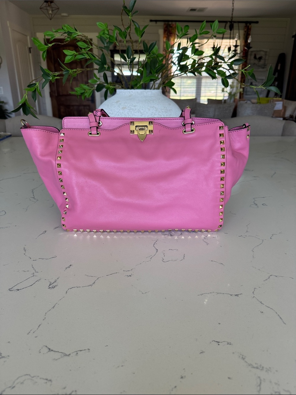 Pink Studded Leather Tote Bag - Designer Style